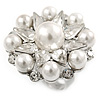 Clear Crystal Simulated Pearl Bead Flower Ring In Rhodium Plated Metal - 30mm D - 7/8 Size Adjustable