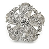 Clear Crystal and Glass Stone Flower Ring In Rhodium Plated Metal - 30mm D - 7/8 Size Adjustable