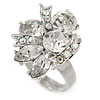 Rhodium Plated Clear Ab Crystal Cluster Fashion Ring - 8 Size Adjustable