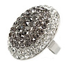 Oval Dome Shape Clear/ Grey Crystal Ring In Silver Tone Metal - 30mm Long - 7/8 Size Adjustable
