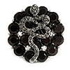 Crystal Snake On Black Flower Ring In Silver Tone Finish - 7/8 Size Adjustable - 35mm D