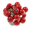 Red Faux Pearl Bead Cluster Ring in Silver Tone Metal - Adjustable 7/8