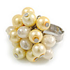 Pale Yellow/ Cream Faux Pearl Bead Cluster Ring in Silver Tone Metal - Adjustable 7/8