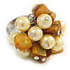 Antique Yellow Sea Shell Nugget and Pale Yellow Faux Pearl Cluster Bead Silver Tone Ring - 7/8 Size - Adjustable
