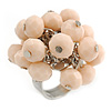 Milky Pink Glass Bead Cluster Ring in Silver Tone Metal - Adjustable 7/8