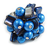 Shell Nugget and Faux Pearl Cluster Bead Silver Tone Ring in Blue - 7/8 Size - Adjustable