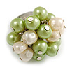 Lime Green/ Cream Faux Pearl Bead Cluster Ring in Silver Tone Metal - Adjustable 7/8