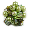 Shell Nugget and Faux Pearl Cluster Bead Silver Tone Ring in Green - 7/8 Size - Adjustable