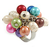 Multicoloured Faux Pearl Bead Cluster Ring in Silver Tone Metal - Adjustable 7/8