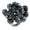 Dark Mirrored Black Glass Bead Cluster Ring in Silver Tone Metal - Adjustable 7/8