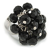 Black Glass Bead Cluster Ring in Silver Tone Metal - Adjustable 7/8