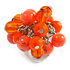 Orange Glass and Ceramic Bead Cluster Ring in Silver Tone Metal - Adjustable 7/8