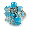 Transparent Glass and Light Blue Ceramic Bead Cluster Ring in Silver Tone Metal - Adjustable 7/8