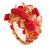 Red/Coral/Orange Glass and Stone Bead Cluster Band Style Flex Ring/ Size M/L