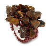 Brown Glass Bead and Semiprecious Stone Cluster Band Style Flex Ring/ Size L