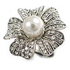 30mm Diameter Crystal Pearl Flower Ring in Aged Silver Tone - Size 7/8 Adjustable