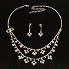 Bridal Clear Diamante Layered Floral Necklace & Earrings Set In Silver Plating