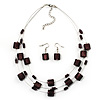 3 Strand Purple Glass Bead  Wire Necklace And Drop Earring Set (Silver Tone)