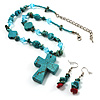 Turquoise Bead Cross Necklace And Drop Earrings Set (Silver Tone)