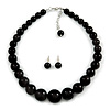 Jet Black Acrylic Bead Choker Necklace And Stud Earring Set In Silver Tone - 34cm L/ 7cm Ext