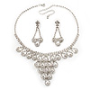 Bridal Swarovski Crystal Bib Necklace And Drop Earring Set In Rhodium Plated Metal