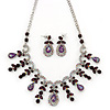 Vintage AB/Purple Crystal Droplet Necklace & Earrings Set In Rhodium Plated Metal