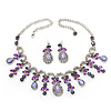 Vintage AB/Purple/Lavender Crystal Droplet Necklace & Earrings Set In Rhodium Plated Metal