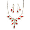 Bridal Red/Clear Diamante Floral Necklace & Earrings Set In Silver Plating