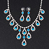 Bridal Teal/Clear Diamante 'Teardrop' Necklace & Earrings Set In Silver Plating