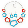 Light Blue/ Coral Enamel 'Star' Necklace & Drop Earrings Set In Silver Plating - 38cm Length/ 6cm Extension