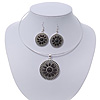 Black Medallion Flex Wire Necklace & Earrings Set In Silver Plating - Adjustable