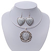 Antique White 'Heart' Pendant Flex Wire Necklace & Drop Earrings Set In Silver Plating - Adjustable