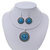 Light Blue Medallion Flex Wire Necklace & Earrings Set In Silver Plating - Adjustable