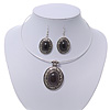 Black Oval Medallion Flex Wire Necklace & Earrings Set In Silver Plating - Adjustable