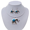 Silver Plated Flex Wire 'Elephant' Pendant Necklace & Drop Earrings Set With Turquoise Stone - Adjustable