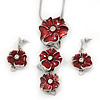'Triple Flower' Red Enamel Diamante Necklace & Drop Earrings Set In Rhodium Plated Metal - 38cm Length (6cm extender)