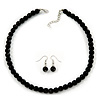 Black Glass Bead Necklace & Drop Earring Set In Silver Metal - 38cm Length/ 4cm Extension