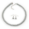 Light Grey Glass Bead Necklace & Drop Earring Set In Silver Metal - 38cm Length/ 4cm Extension