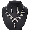 Delicate Bridal Diamante Floral Mesh 'Y'-Necklace & Drop Earrings Set In Silver Plating - 40cm Length/ 4cm Extension