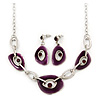 Purple Enamel Oval Geometric Chain Necklace & Drop Earrings Set In Rhodium Plating - 38cm Length/ 6cm Extension