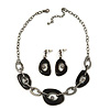 Dark Grey Enamel Oval Geometric Chain Necklace & Drop Earrings Set In Gun Metal Finish - 38cm Length/ 6cm Extension
