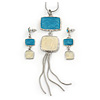 Sky Blue/ Cream Enamel Square Tassel Pendant & Drop Earrings Set In Rhodium Plating - 38cm Length/ 5cm Extension