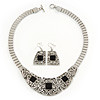 Ethnic Silver Tone Filigree, Black Glass Stone Necklace With T-Bar Closure & Drop Earrings Set - 40cm Length