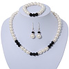 White Simulated Glass Pearl Bead Necklace, Flex Bracelet & Drop Earrings Set With Diamante Rings & Black Beads - 38cm Length/ 6cm Extension