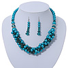 Teal Faux Pearl/ Glass Crystal Cluster Necklace & Drop Earrings Set In Silver Plating - 38cm Length/ 6cm Extender