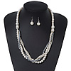 Multistrand White Simulated Glass Pearls & Grey Crystal Beads Long Necklace & Drop Earrings In Silver Plating - 52cm Length