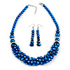 Navy Blue Faux Pearl/ Glass Crystal Cluster Necklace & Drop Earrings Set In Silver Plating - 38cm Length/ 6cm Extender