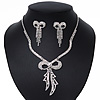 Clear Swarovski Crystal 'Bow' Necklace & Drop Earrings Set In Rhodium Plating - 36cm Length/ 7cm Extension