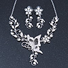 Clear Austrian Crystal 'Butterfly' Necklace & Drop Earring Set In Rhodium Plating - 40cm Length/ 6cm Extension