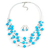 Azure Blue Square Shell & Crystal Floating Bead Necklace & Drop Earring Set - 52cm Length/ 6cm extension